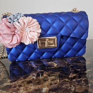 Blue Quilted Jelly Mini Bag with Floral Details